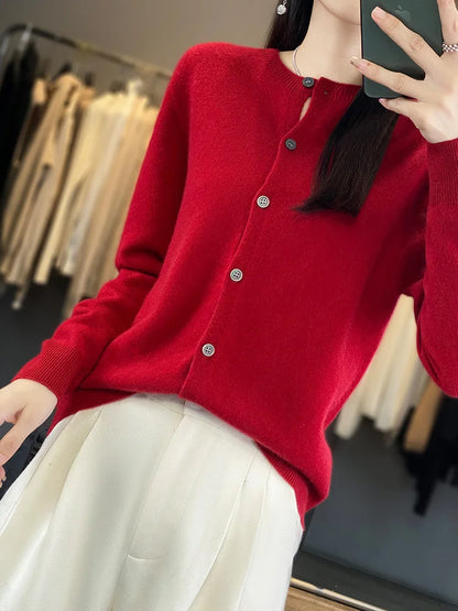 100% Merino Wool Sweater Women O-Neck Cardigan Basic Style  Buttoned Knitwear Female Casual Autumn Winter Soft Tops