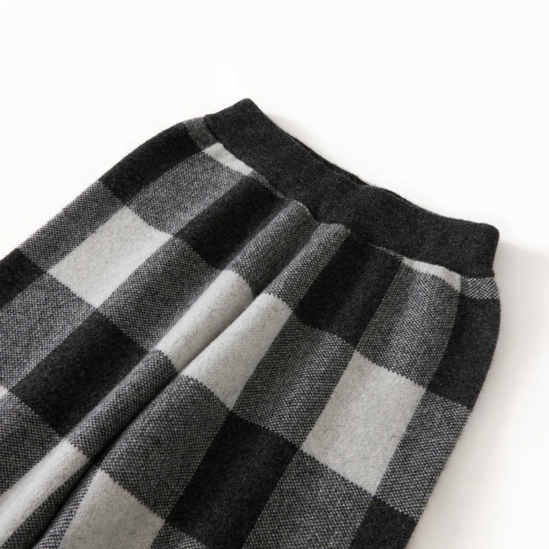 DjzDsm Autumn and Winter New Women's 100% Merino Wool Thickened High Waist Knitted Wide Leg Pants Four Flat Casual Plaid Pants