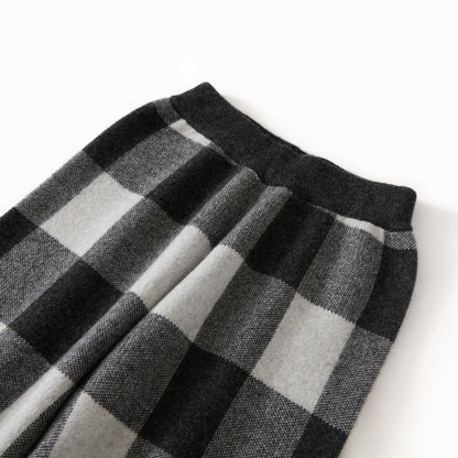 DjzDsm Autumn and Winter New Women's 100% Merino Wool Thickened High Waist Knitted Wide Leg Pants Four Flat Casual Plaid Pants