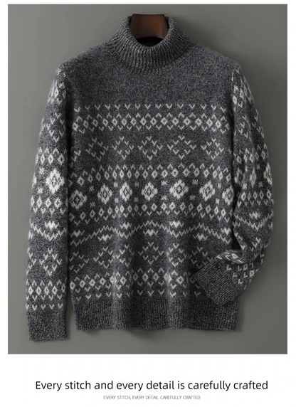 New 100% Pure Wool Cashmere Men's O-neck Pullover 2025 Autumn/Winter Color Matching Top Casual Thick Fashion Large Size Jacket