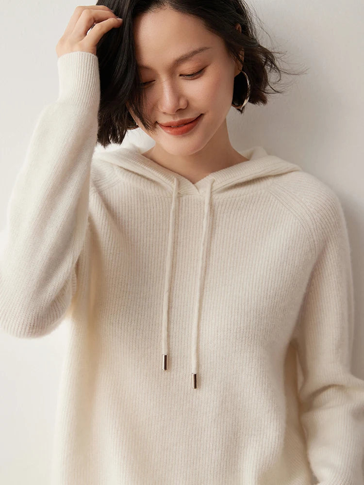 CHICUU Autumn Winter Women Hoodie Pullover Sweater 100% Cashmere Knitwear Soft Warm Casual Style Hooded Sweater Tops