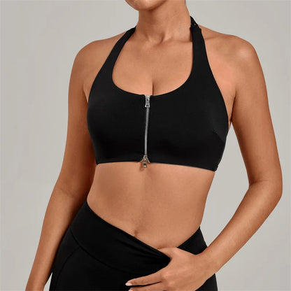 TRY TO BN Yoga Sports Bra Women's Zipper Halter Neck Naked Feeling Backless Underwear Fitness Tops Workout Running Gym Clothing