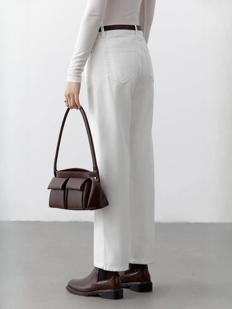 CHIC VEN Women Pants White Slim High Waisted Cotton Straight Leg Casual Slim Leg Jeans Girl Trouser Spring Autumn 2025