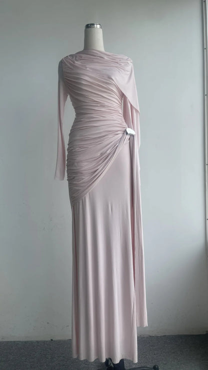 DEAT Fashion Brown Asymmetric Pleated Minimalist Dress Women's Round Neck Slim Fit Long Sleeves Ankle-length Dresses New