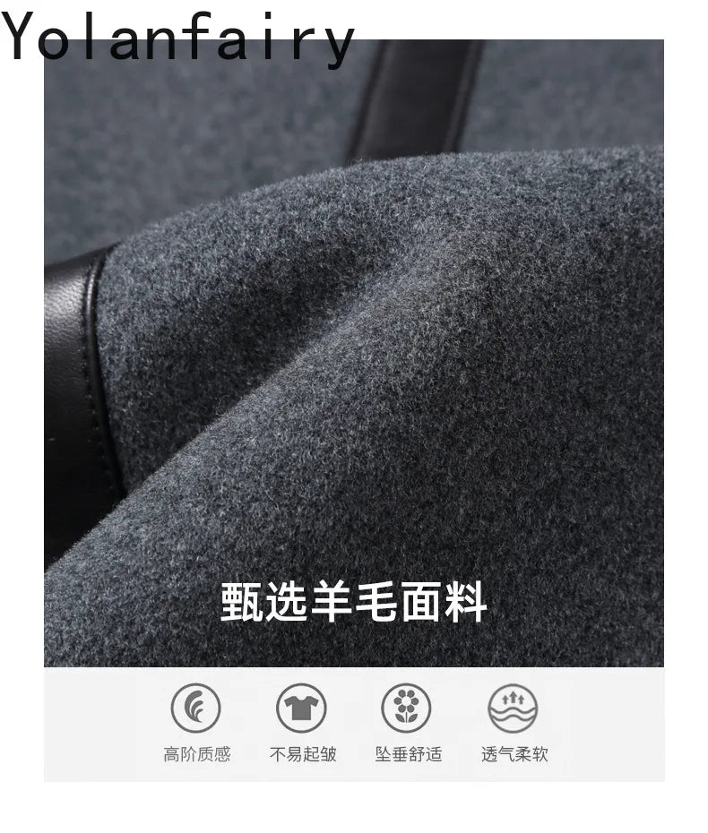 YOLANFAIRY Luxury Woolen Jackets for Man Autumn Winter Mid-length Pure Wool Patchwork Sheepskin Trench Coat Hooded Mens Jacket