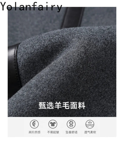 YOLANFAIRY Luxury Woolen Jackets for Man Autumn Winter Mid-length Pure Wool Patchwork Sheepskin Trench Coat Hooded Mens Jacket