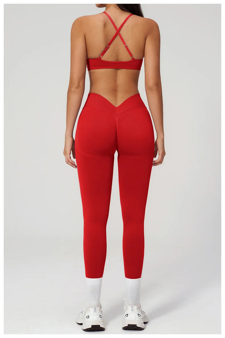 TRY TO BN Women Tracksuit 2 Piece Yoga Set Cross Bra High Waist V Waist Leggings Tummy Control Butt Lifting Workout Running Gym