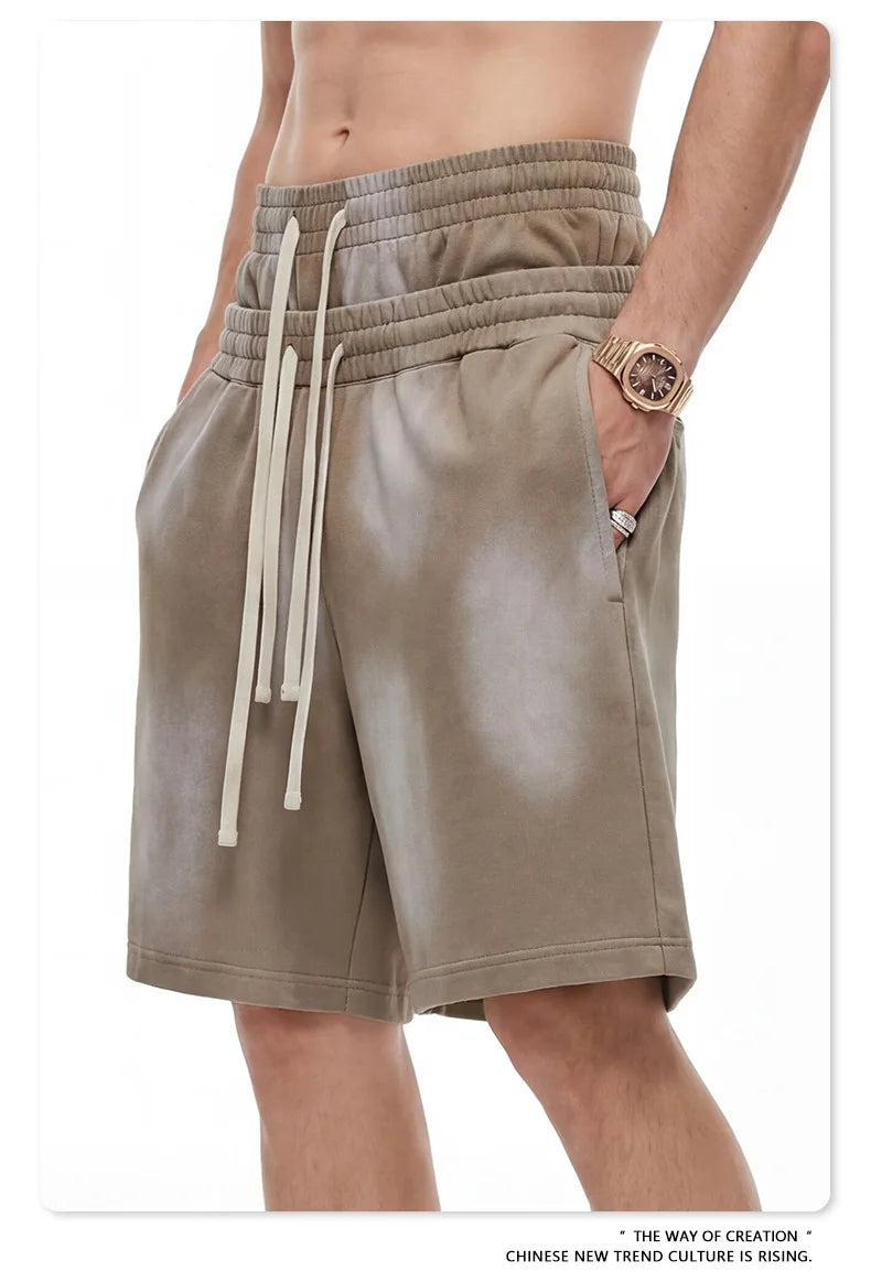 Custom LOGO men's 320G heavy 100% washed and old double waist high waist medium pants loose casual sports five-point shorts