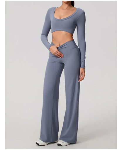 Hearuisavy Sports Set 2Pcs Women's  Long Sleeve Backless Fitted Fitness Top Push Up Pilates Yoga Top Wide Leg Straight Leg Pants
