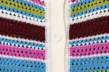 Women Patchwork Striped Hollow Out Crochet Knitted Crop Sweater Shorts Set Short Sleeve Polo Collar Sweater Knit Shorts Suit Y2K