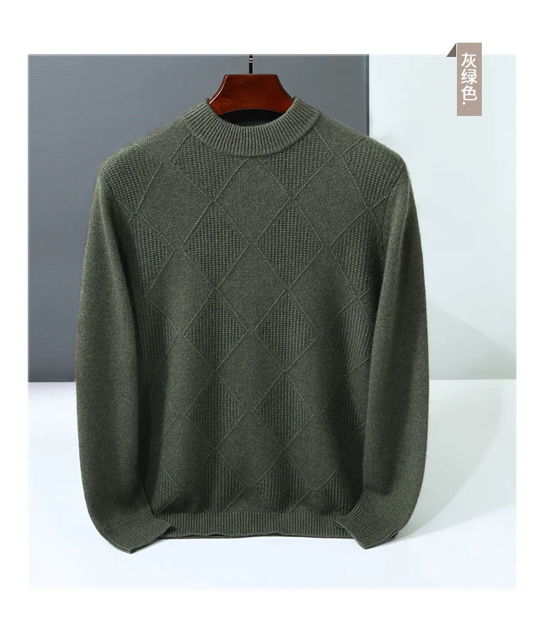 Autumn Winter New Style 100% Goat Cashmere Men's Mock Neck Diamond Knitted Base Shirt Casual Business Top Fashionable Knitwear