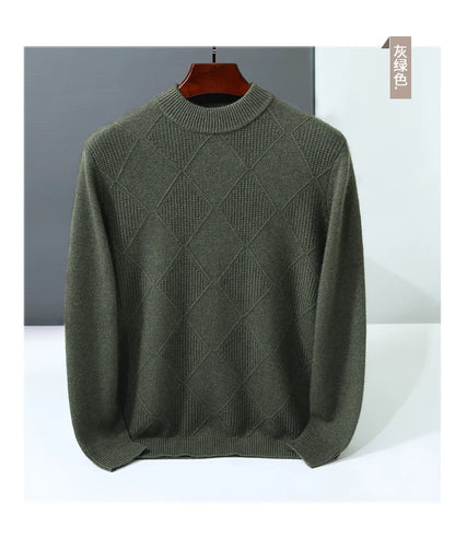 Autumn Winter New Style 100% Goat Cashmere Men's Mock Neck Diamond Knitted Base Shirt Casual Business Top Fashionable Knitwear