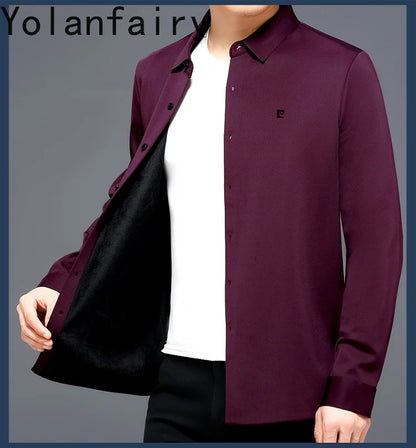 YOLANFAIRY 100% Mulberry Silk Long Sleeve Shirt Man Spring Autumn Casual Silk Mens Shirts Warm Male White Shirt chemises hommes