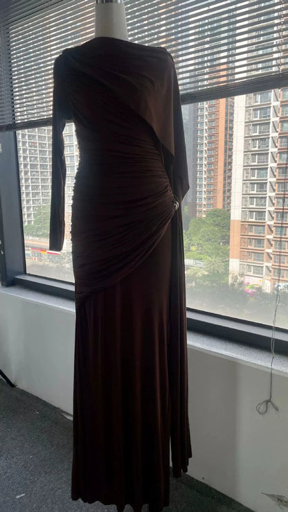 DEAT Fashion Brown Asymmetric Pleated Minimalist Dress Women's Round Neck Slim Fit Long Sleeves Ankle-length Dresses New