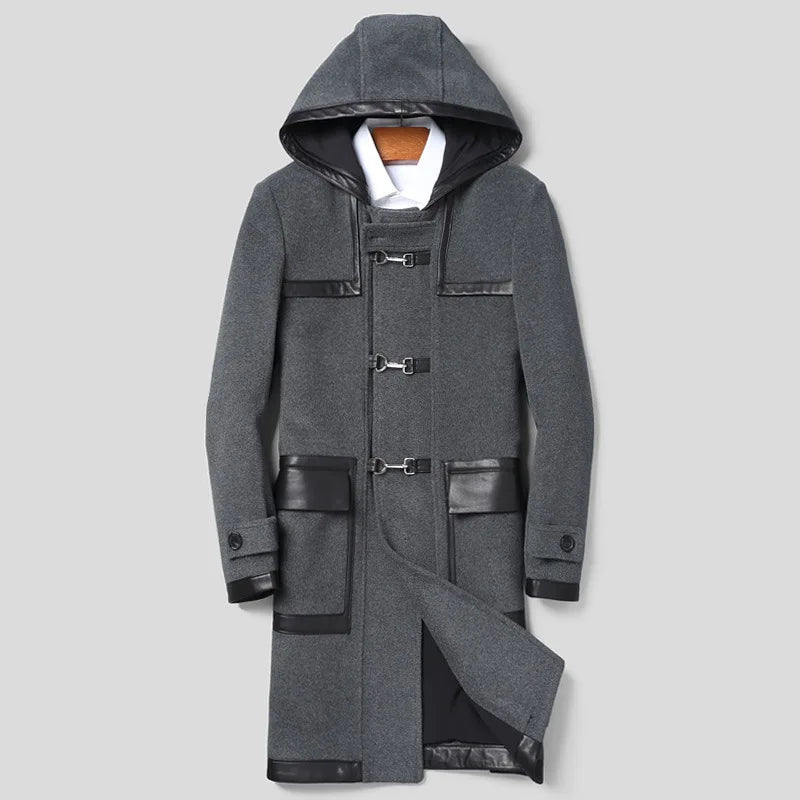 YOLANFAIRY Luxury Woolen Jackets for Man Autumn Winter Mid-length Pure Wool Patchwork Sheepskin Trench Coat Hooded Mens Jacket