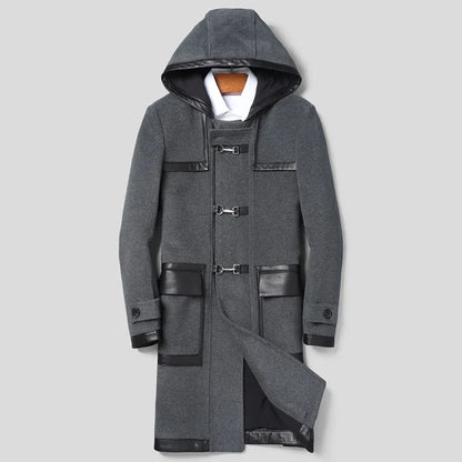 YOLANFAIRY Luxury Woolen Jackets for Man Autumn Winter Mid-length Pure Wool Patchwork Sheepskin Trench Coat Hooded Mens Jacket
