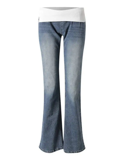 DEAT Fashion Fold Over Waist Flare Jeans Women's Low Waist Slim Light Blue Denim Pants Summer New