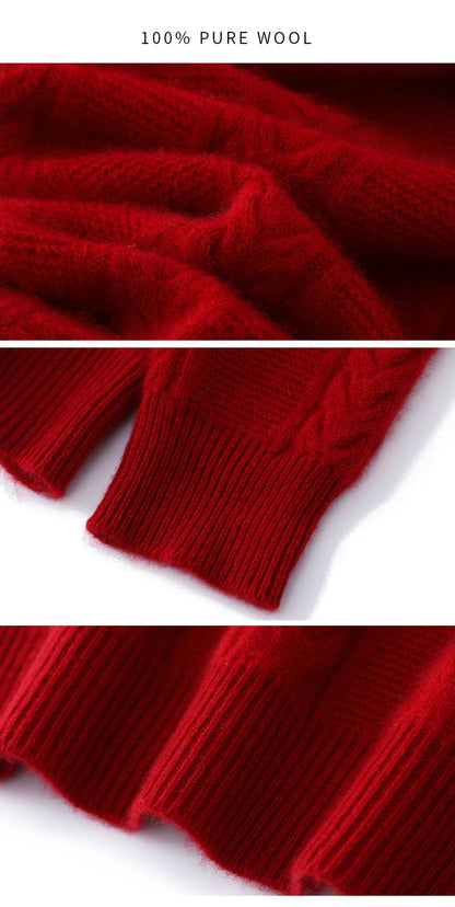 100% Merino Wool Sweater Men's Round Neck Thickened Tops Autumn Winter New Soft Warm Casual Solid Color Knitted Pullover