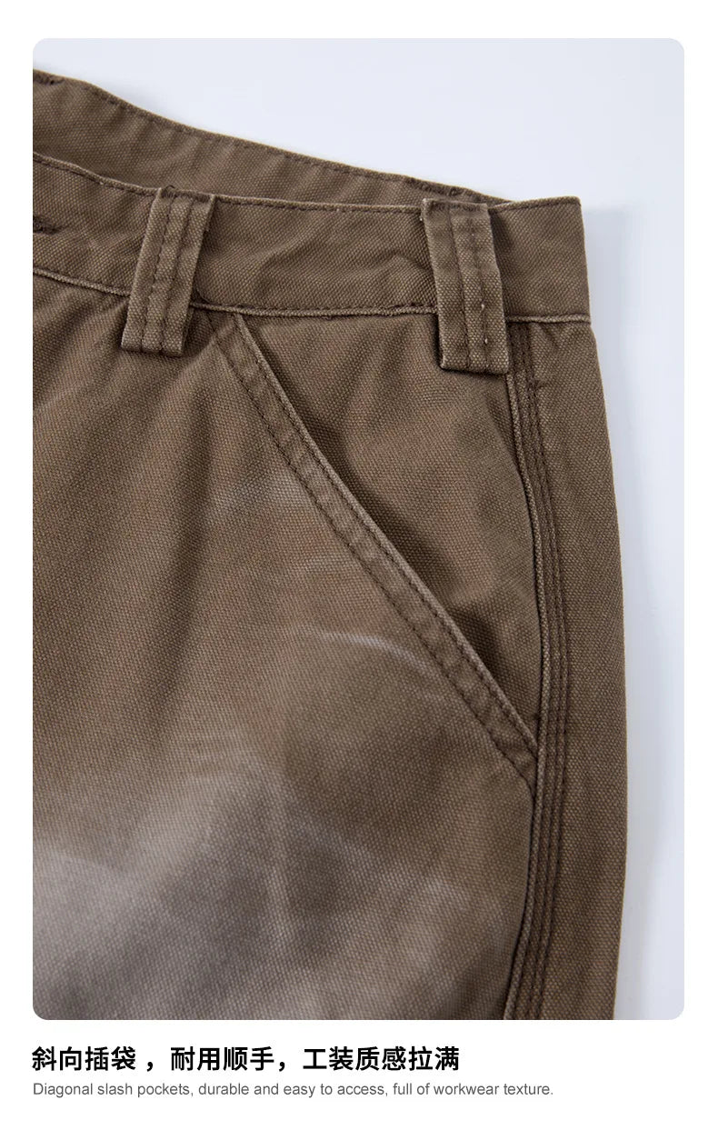 Custom LOGO men's 310G heavy 100% cotton summer American street multi-pocket retro washed old loose tooling seven-point shorts