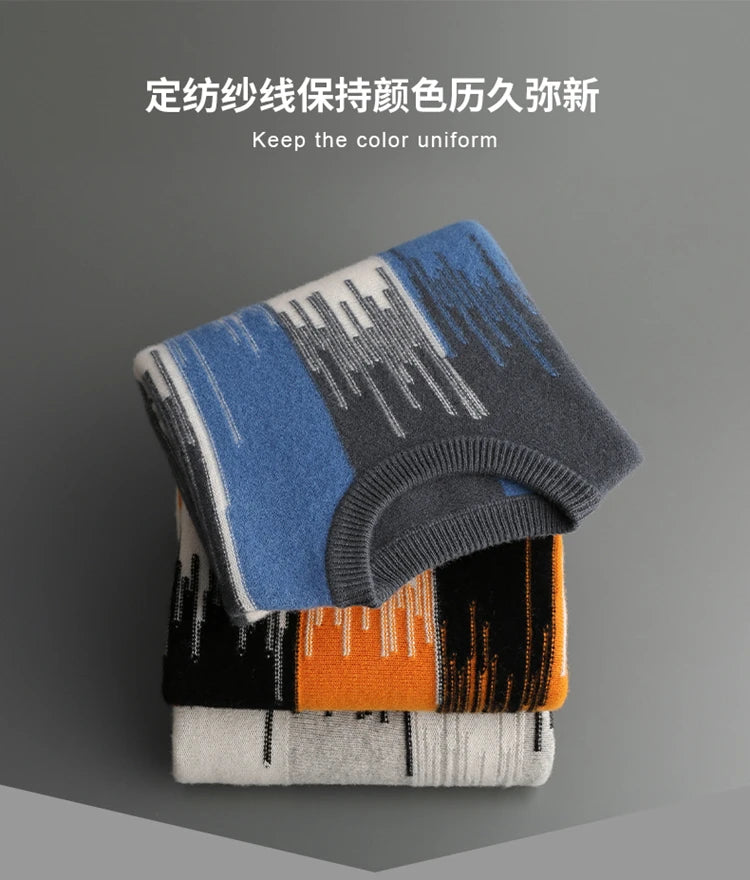 Men's 100% Merino Wool Color-Blocked O-Neck Sweater Long Sleeves Fashion Pullover Cashmere Loose Soft Warm Leisure Clothing Top