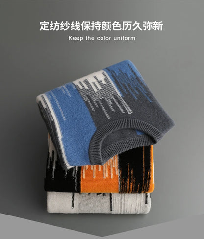 Men's 100% Merino Wool Color-Blocked O-Neck Sweater Long Sleeves Fashion Pullover Cashmere Loose Soft Warm Leisure Clothing Top