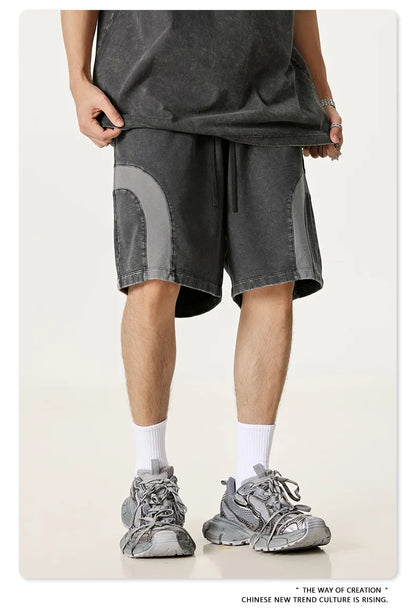 Customized LOGO men's summer European and American hip-hop style splicing contrasting shorts loose straight five-point pants