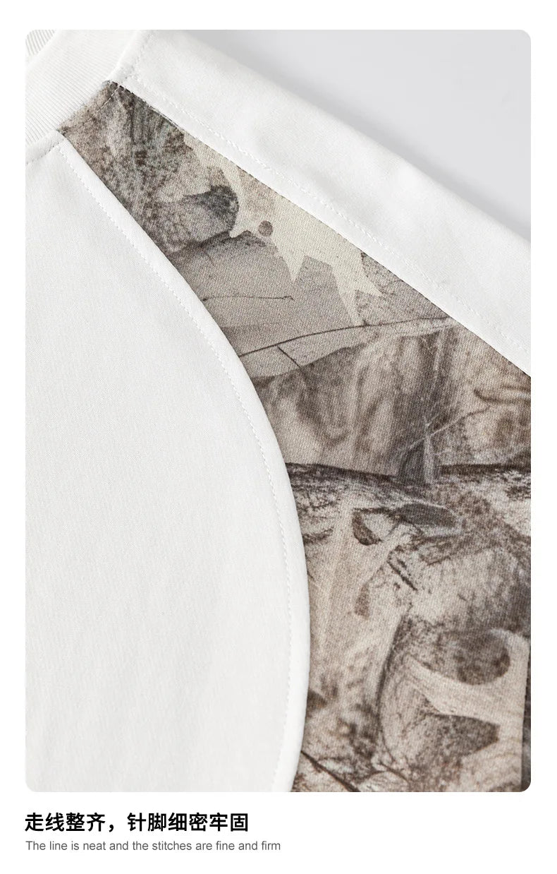 Custom LOGO men's summer camouflage splicing 240G quick-drying cotton polyester short-sleeved T-shirt loose sports shorts set