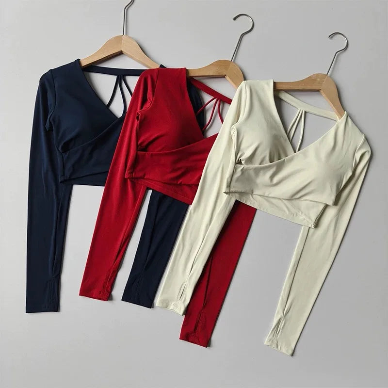 Yoga Top with Chest Pads Cross V-Neck Long Sleeves Women's Slim-Fit Running Training Cropped Navel-Baring Pilates Top  Fitness