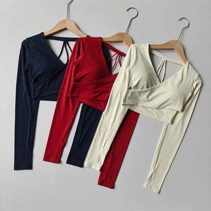 Yoga Top with Chest Pads Cross V-Neck Long Sleeves Women's Slim-Fit Running Training Cropped Navel-Baring Pilates Top  Fitness