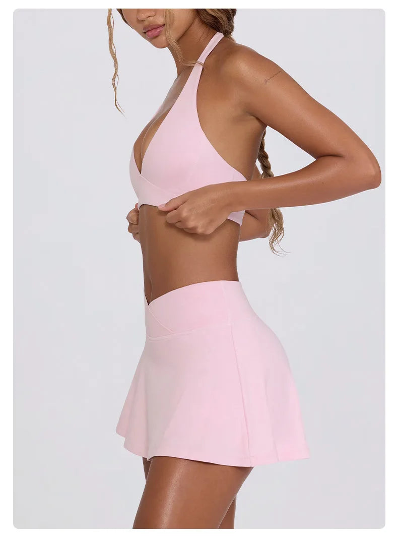 Summer Women Chest Padding And High Elasticity Bra Set 2Pcs Tennis Skirt Sportswear Female Golf Suits Sport Outfit For Woman