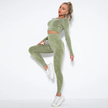 Women Seamless Tracksuit Yoga Set 2PCS Workout Clothes Athletic Wear Gym Legging Fitness Bra Crop Top Long Sleeve Sports Suits