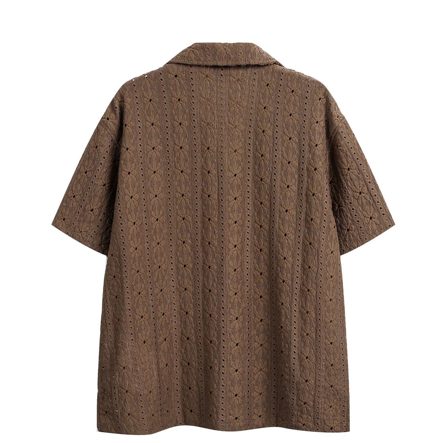 2026 New Hawaiian Vacation Style Maillard Jacquard Hollow Out Cuban Collar Short Sleeved Shirt Loose Five Quarter Sleeved Shirt