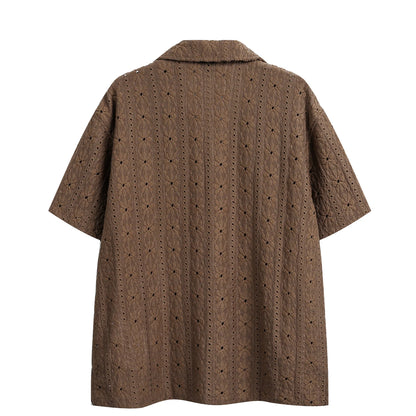 2026 New Hawaiian Vacation Style Maillard Jacquard Hollow Out Cuban Collar Short Sleeved Shirt Loose Five Quarter Sleeved Shirt