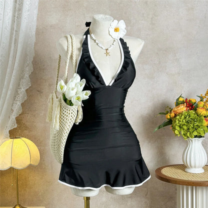 V Neck Halter Ruffled Frilled Women Swimwear One Piece Swimsuit Female Backless Monokini Padded Bather Bathing Suit Swim V7809