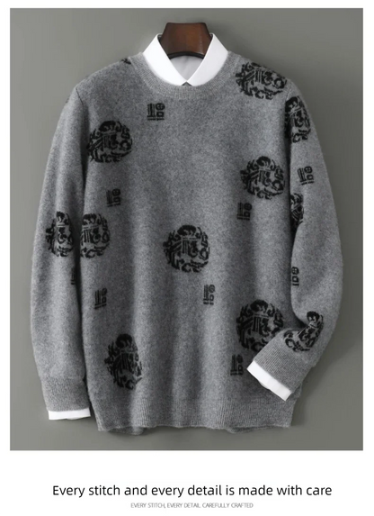 Men's 100% Pure Wool Sweater O-Neck Loose Pullover Autumn/Winter New Embroidery Business Casual Cashmere Tops Knit Bottom Shirt