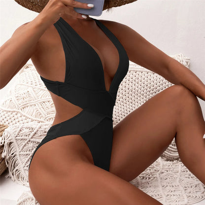 S - XL Deep V Neck Cross Back One Piece Swimsuit Women Swimwear Female High Leg Cut Scrunch Butt Bather Bathing Suit Swim V5723