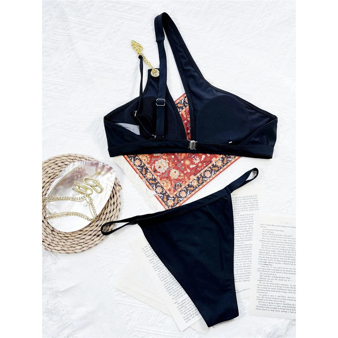 Women Swimwear Asymmetric Metal Chains One Shoulder Bikini Female Swimsuit Two-pieces Bikini set Bather Bathing Suit Swim V3459