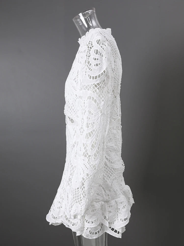 DEAT Fashion White Stand Collar Lantern Long Sleeve Water-soluble Lace Dress A-line Ruffle Hollow Party Mini Dresses Summer New