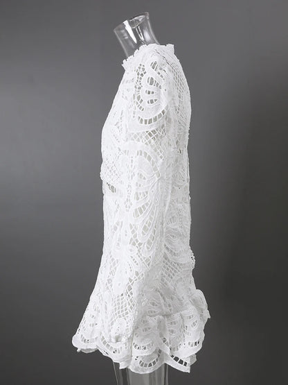 DEAT Fashion White Stand Collar Lantern Long Sleeve Water-soluble Lace Dress A-line Ruffle Hollow Party Mini Dresses Summer New