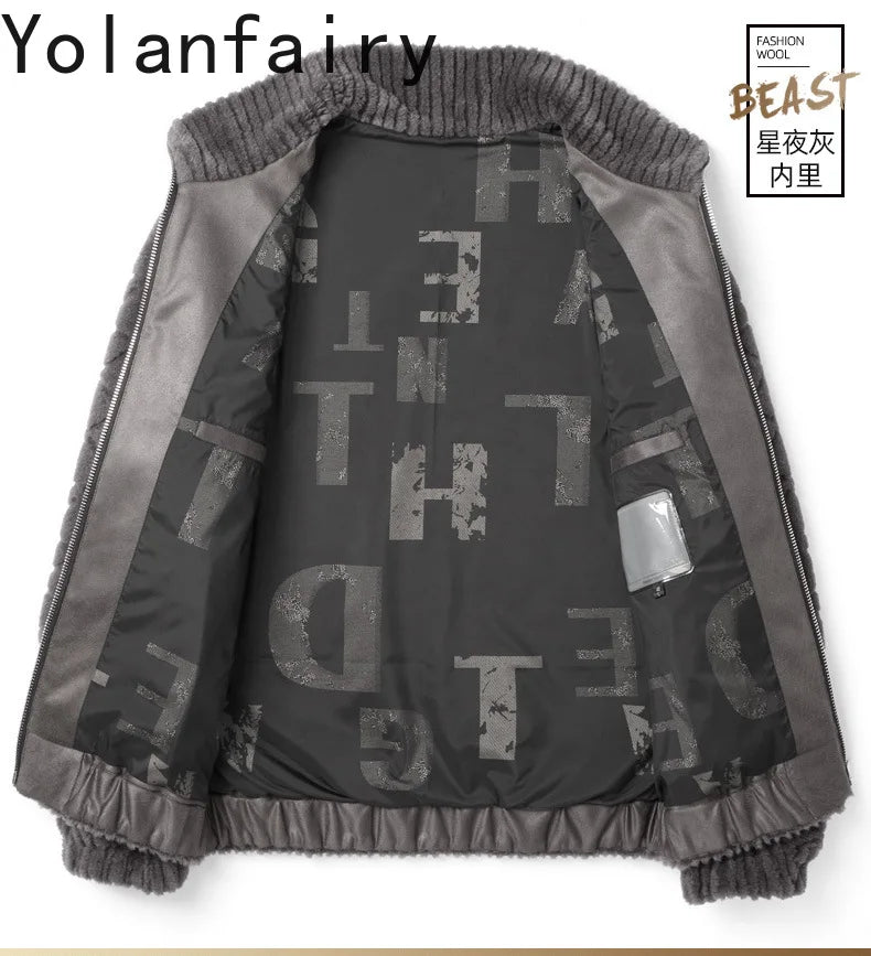 YOLANFAIRY Winter 100% Sheep Shearing Jacket Man Clothing Fashion Stand Collar Granular Lamb Fur Coat Men's Jackets chaqueta