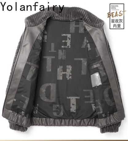 YOLANFAIRY Winter 100% Sheep Shearing Jacket Man Clothing Fashion Stand Collar Granular Lamb Fur Coat Men's Jackets chaqueta