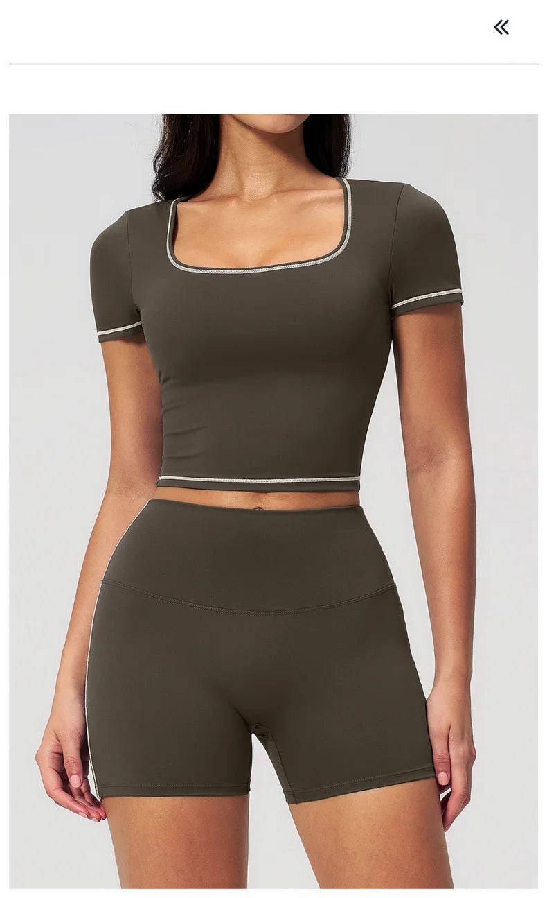 TRY TO BN 2 Pieces Women's Tracksuit Yoga Short Sleeves Top Sets High Waist Shorts Contrasting Color Running Fitness Gym Clothes