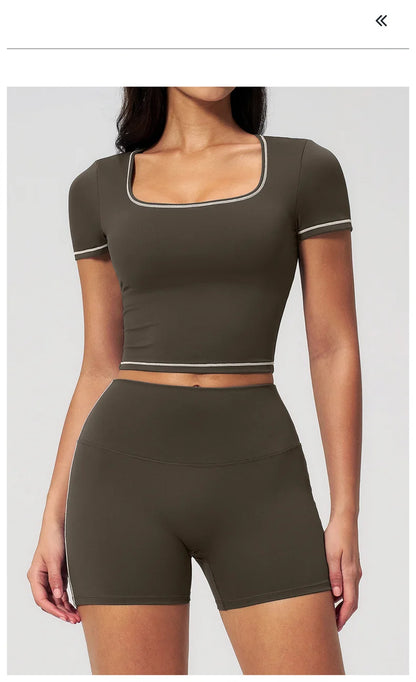 TRY TO BN 2 Pieces Women's Tracksuit Yoga Short Sleeves Top Sets High Waist Shorts Contrasting Color Running Fitness Gym Clothes