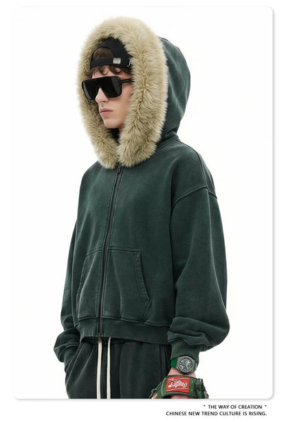 Custom LOGO Men's 400G Autumn Winter Retro Washed Boxy Fleece Collar Plush Thickened  Hooded  Zipper Jacket Couple style set