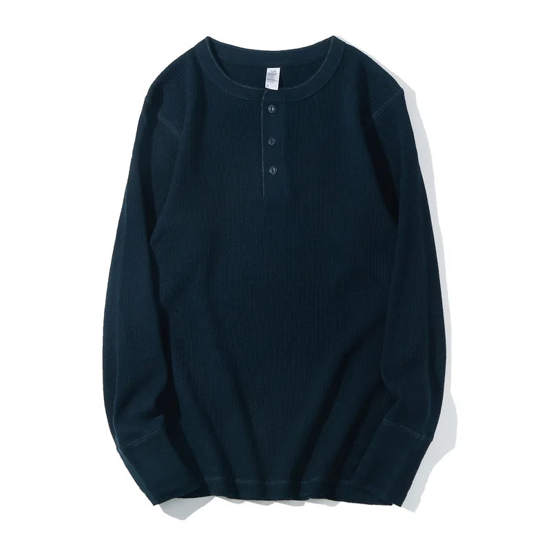 New Waffle Henry Collar Men Heavy Cotton T-shirt American Retro Fitness Solid Long-sleeved Bottoming Shirt Thick Soft Tshirts