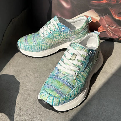 Designer real crocodile leather hand-painted aurora blue men's fashion sneakers crocodile leather men's lace-up casual shoes