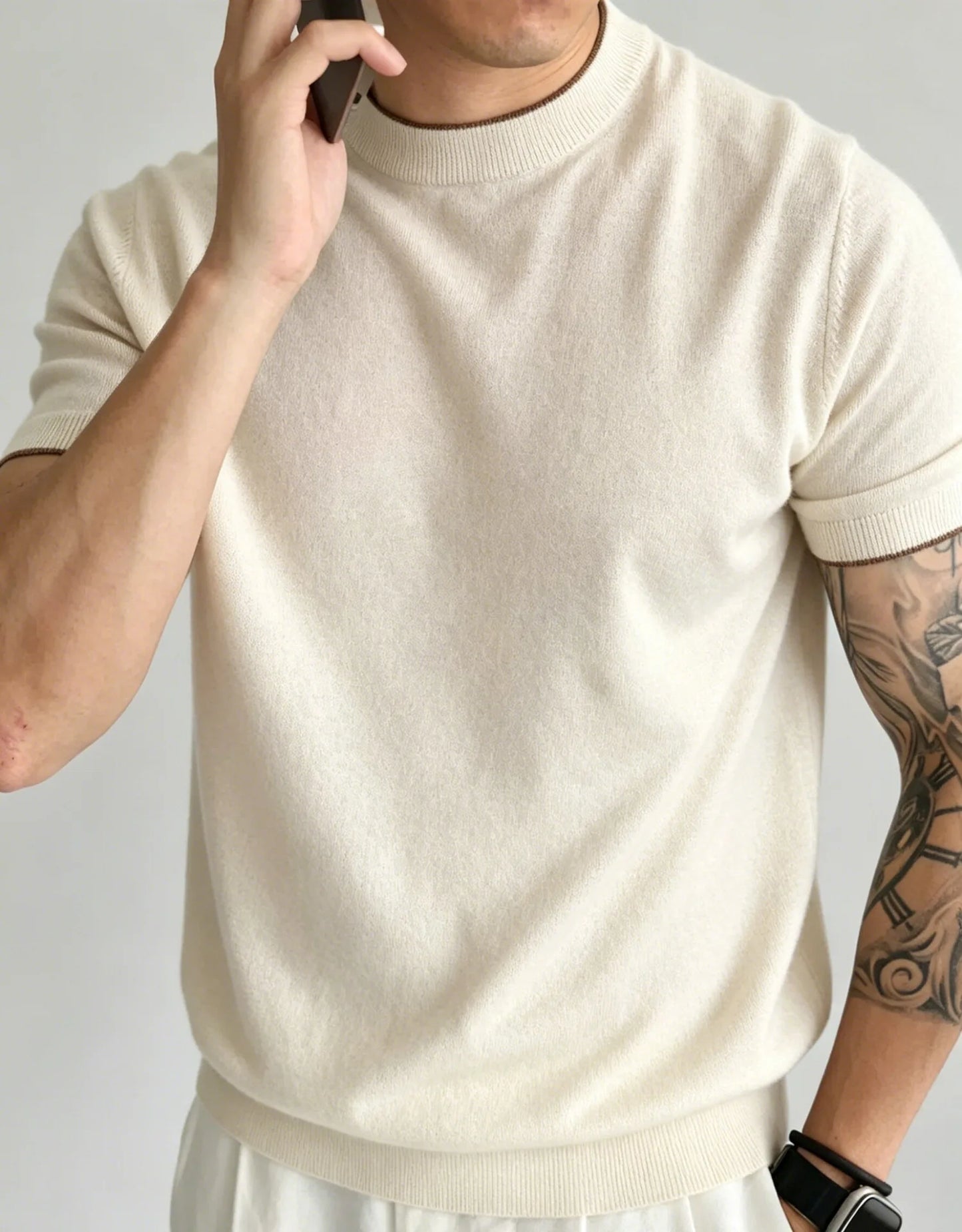 Light Luxury Cashmere Blend Anti Pilling Knitted Short Sleeved Round Neck T-shirt for Men, Retro Casual Business Summer Shirt