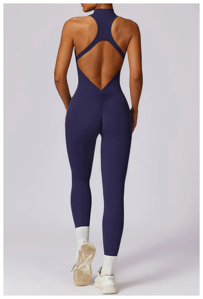 Summer V Back One-piece Suit Women Sports Jumpsuit Zippers Yoga Rompers Backless Sportswear Women Sleeveles Workout Bodysuits
