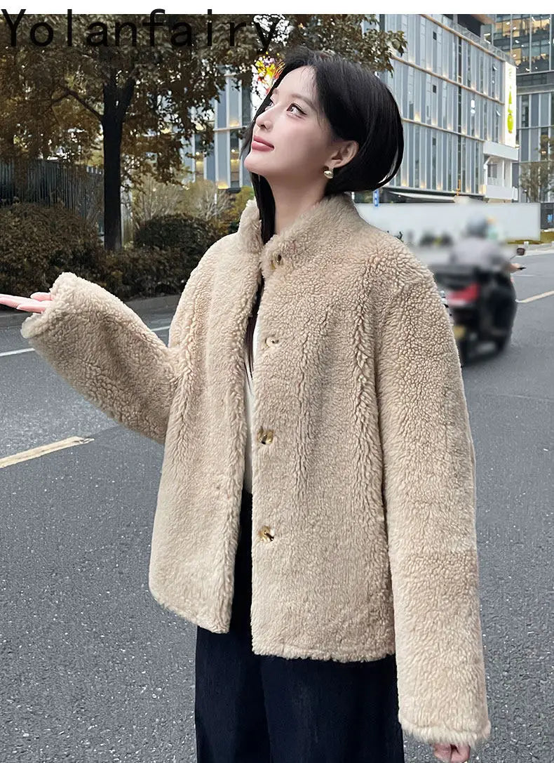 YOLANFAIRY 100% Genuine Leather Jacket Women Warm Natural Fur Coat Woman Winter Short Real Lamb White Fur Coats Jaqueta Feminina
