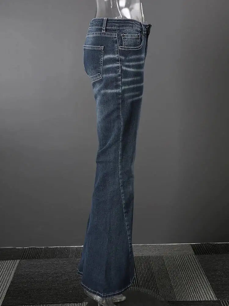 DEAT Fashion Flared Denim Jeans Women's Mid Rise Whiskered Wash Dark Blue Bootcut Jeans Summer New